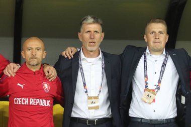 Kharkiv, Ukrayna - 16 Ekim 2018: Çek futbol yöneticisi Jaroslav Silhavy sırasında Uefa Ligi maç Ukrayna - Metalist Stadı nda Çek Cumhuriyeti