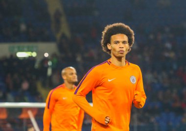 Kharkiv, Ukrayna - 23 Ekim 2018: Alman Milli futbolcu Leroy Sane sırasında Uefa Şampiyonlar Ligi maç Shakhtar - Manchester City Metalist Stadyumu'nda