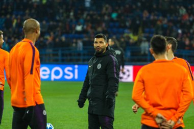 Kharkiv, Ukrayna - 23 Ekim 2018: Arjantinli profesyonel futbolcu Sergio Aguero sırasında Uefa Şampiyonlar Ligi maç Shakhtar - Manchester City Metalist Stadyumu'nda