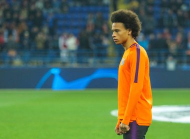 Kharkiv, Ukrayna - 23 Ekim 2018: Alman Milli futbolcu Leroy Sane sırasında Uefa Şampiyonlar Ligi maç Shakhtar - Manchester City Metalist Stadyumu'nda