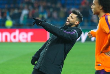 Kharkiv, Ukrayna - 23 Ekim 2018: Arjantinli profesyonel futbolcu Sergio Aguero sırasında Uefa Şampiyonlar Ligi maç Shakhtar - Manchester City Metalist Stadyumu'nda