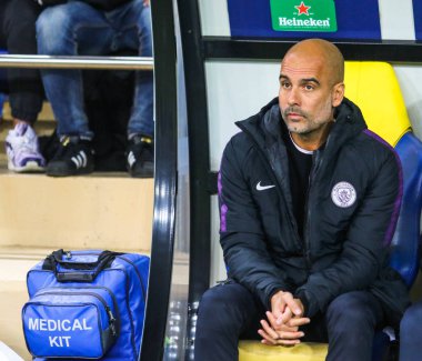 Kharkiv, Ukrayna - 23 Ekim 2018: İspanyol profesyonel futbol teknik direktörü Pep Guardiola sırasında Uefa Şampiyonlar Ligi maç Shakhtar - Manchester City Metalist Stadyumu'nda 