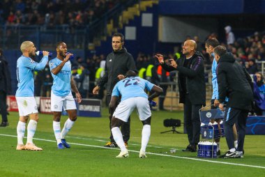 Kharkiv, Ukrayna - 23 Ekim 2018: İspanyol profesyonel futbol teknik direktörü Pep Guardiola sırasında Uefa Şampiyonlar Ligi maç Shakhtar - Manchester City Metalist Stadyumu'nda 