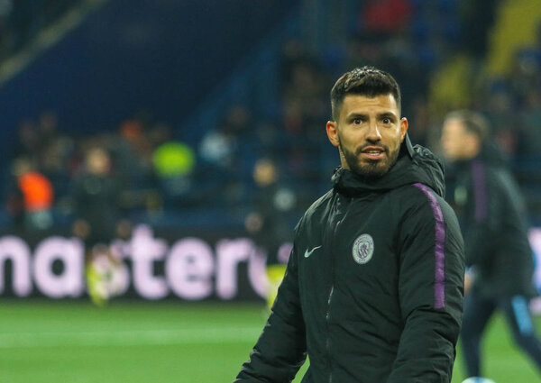 Харьков, Украина - 23 октября 2018 года: аргентинский профессиональный футболист Серджио Агеро во время матча Лиги чемпионов УЕФА "Шахтер" - Манчестер Сити на стадионе "Металлист"
