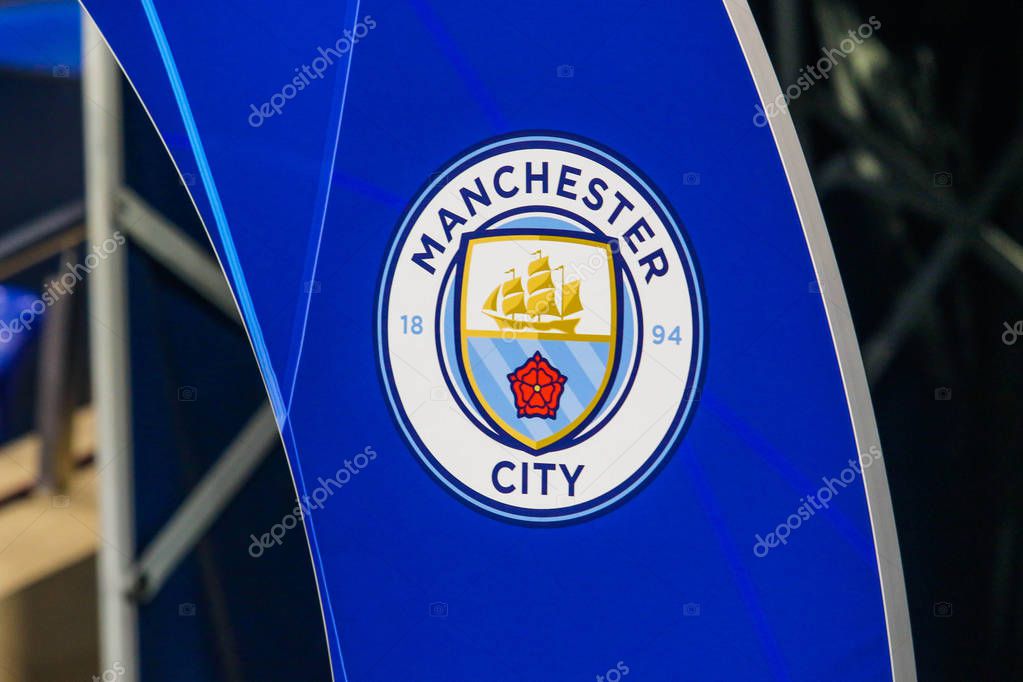 KHARKIV, UKRAINE - 23 OCTOBER 2018: FC Manchester City logo during UEFA Champions League match Shakhtar - Manchester City at Metalist Stadium