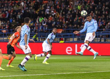 Kharkiv, Ukrayna 18 Eylül 2019: Uefa Şampiyonlar Ligi maçında Brezilyalı profesyonel futbolcu Gabriel Jesus Shakhtar - Manchester City Metalist Stadyumu'nda