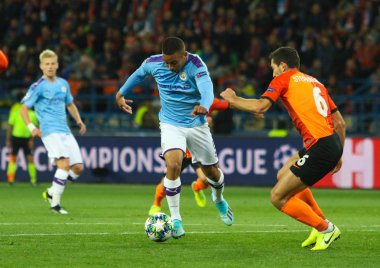 Kharkiv, Ukrayna 18 Eylül 2019: Uefa Şampiyonlar Ligi maçında Brezilyalı profesyonel futbolcu Gabriel Jesus Shakhtar - Manchester City Metalist Stadyumu'nda