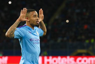 Kharkiv, Ukrayna 18 Eylül 2019: Uefa Şampiyonlar Ligi maçında Brezilyalı profesyonel futbolcu Gabriel Jesus Shakhtar - Manchester City Metalist Stadyumu'nda