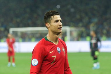 Kyiv, Ukrayna - 14 Ekim 2019: Portekizli profesyonel futbolcu Cristiano Ronaldo Avrupa-2020 Ukrayna - Portekiz Olimpiyat Stadyumu 'nda oynanan ön eleme maçında
