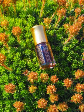 Doğal bir arka planda mini şişeler Arap Oud Attar parfüm veya Agarwood yağ kokuları.