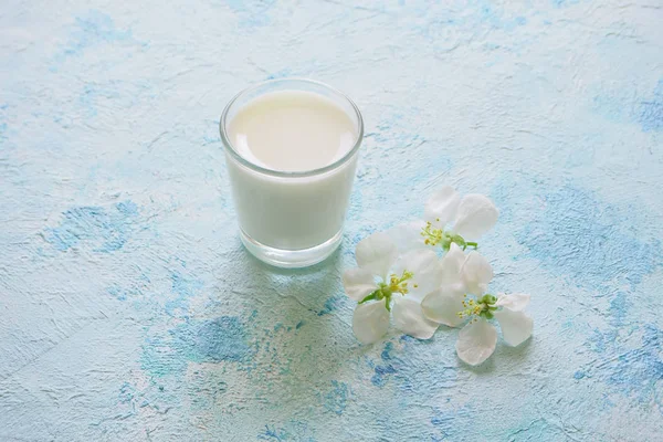 Um copo de leite fresco em uma mesa azul com flores de primavera. Néctar de primavera . — Fotografia de Stock