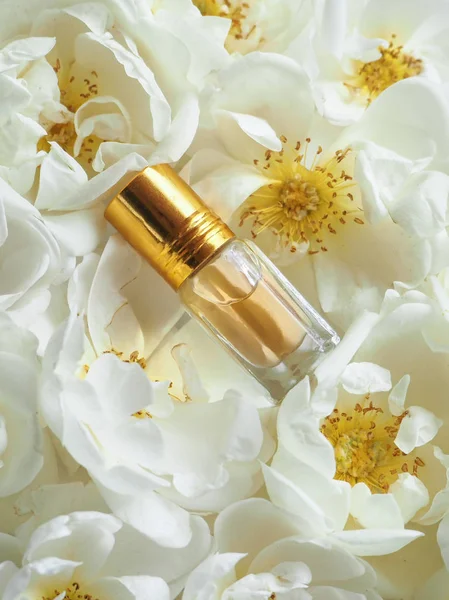 Mini bir şişe yağda krem gül arka plan üzerinde yükseldi.