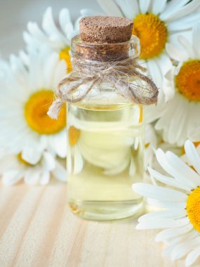 Papatya petrol şişe çiçek ahşap arka plan üzerinde ile.