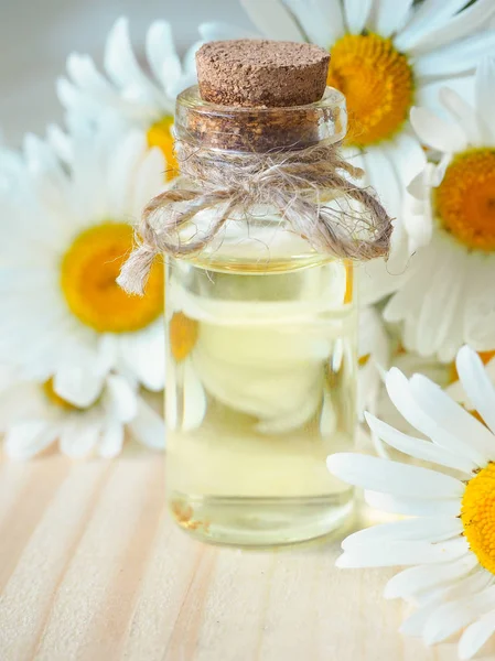 Papatya petrol şişe çiçek ahşap arka plan üzerinde ile.