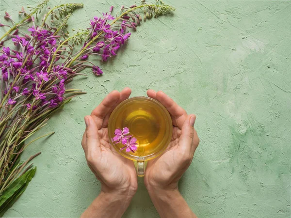 A cup of herbal tea in your hand against the background of wild flowers. — Stock Photo, Image
