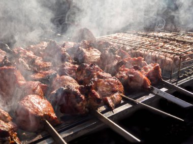 Duman kömürlerin üzerinde kavrulmuş Kebap.