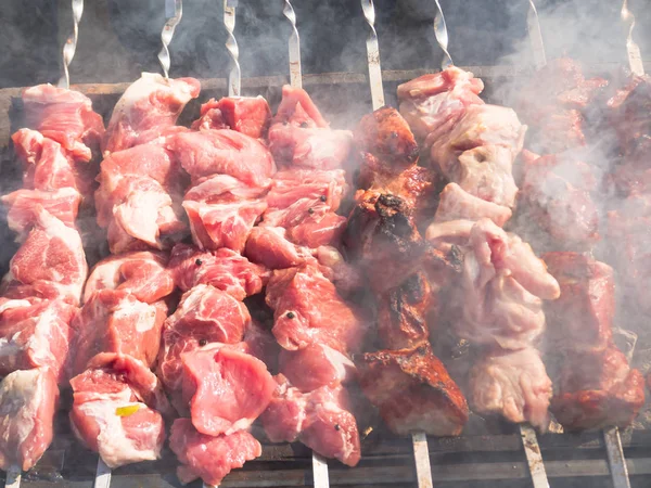 Caucasian kebab fried on a grill in the smoke at the picnic. — Stock Photo, Image