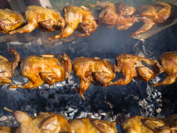 A lot of grilled chicken is roasted on a spit in the smoke. — Stock Photo, Image