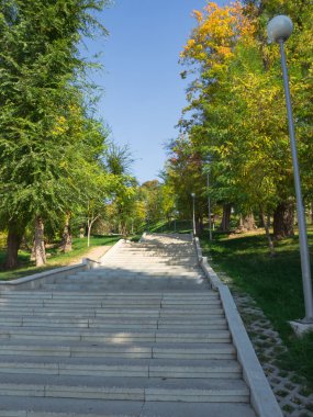 Parkta zor geometrik merdiven. Merdivenlerden eğrisi.