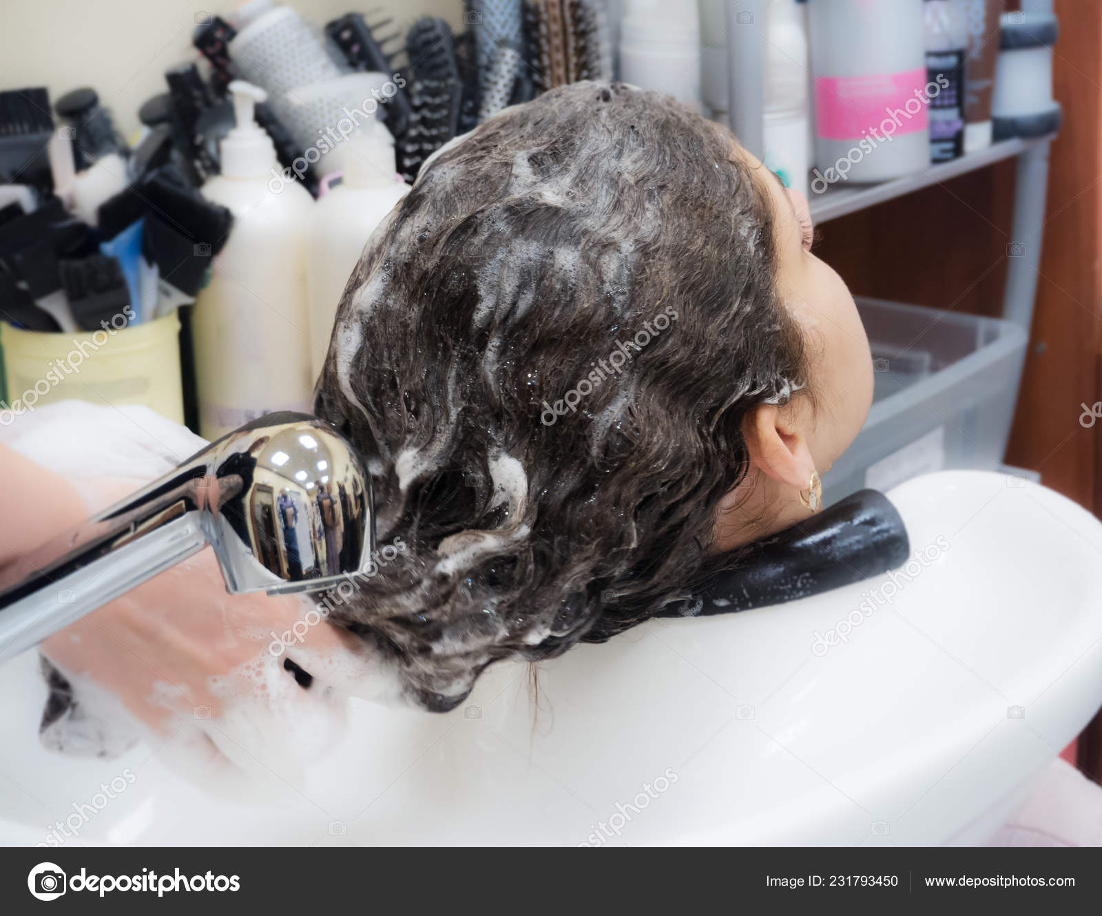 Foam Shampoo For Thick Hair Wash In Beauty Salon Stock Photo