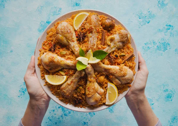 stock image Kabsa - oriental dish of rice with chicken. 