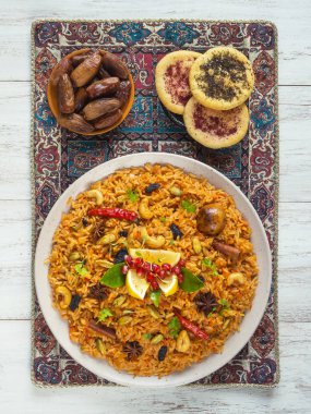 Kerala sebze Biriyani. Hint Mutfak. Üstten görünüm