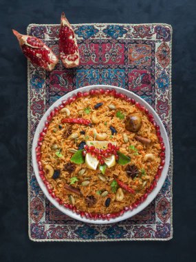 Arapça sebze Biryani. Farsça yiyecek. Üstten görünüm. 