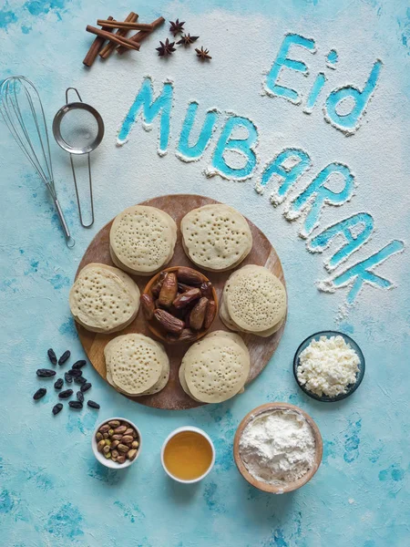Eid 무바라크, 이슬람 휴일, 아랍 음식 배경 — 스톡 사진