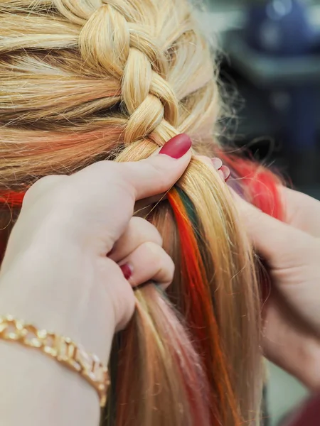 Rainbow hair in a braid. Braiding close up. — Stock Photo, Image