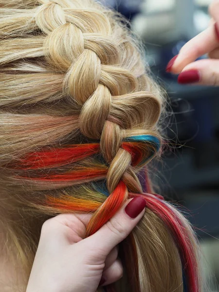 Rainbow hair in a braid. Braiding close up. — Stock Photo, Image