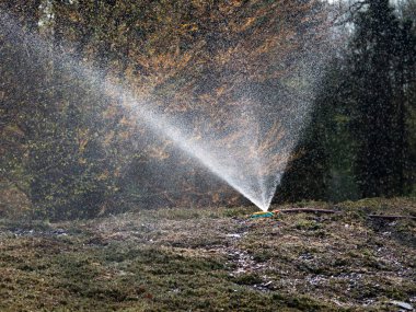 Fıskiyeler çimlere su püskürtüyor..