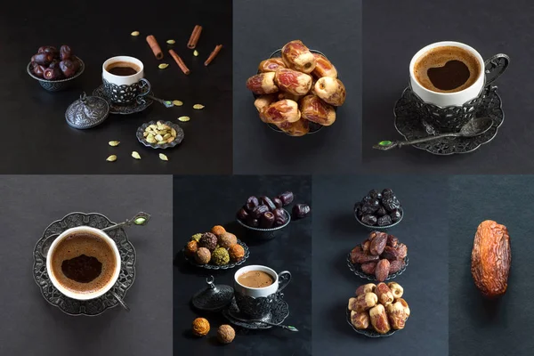 Collage het tonen van verschillende soorten data met kopje koffie — Stockfoto