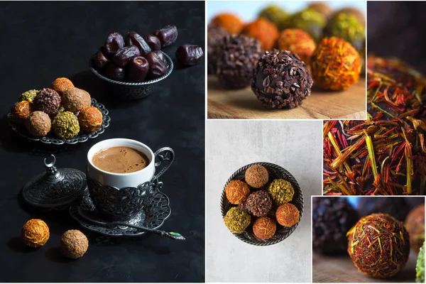 Collage mostrando mordeduras saludables de energía orgánica con frutos secos y dátiles — Foto de Stock