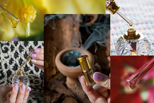 Коллаж с духами Arabian oud attar или ароматами агарного дерева в мини-бутылках . — стоковое фото