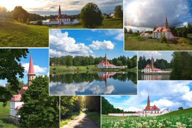 Güneşli manzaralar ve gölet üzerinde Eski kale manzarası ile kolaj. Rusya. Gatchina