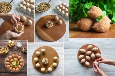 Arap et meze Kibbeh pişirme Kolaj. Kuzu ve çam fıstığı ile geleneksel Arap içli köfte