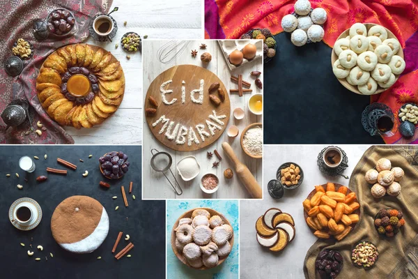 Arabische keuken collage. Eid Mubarak-islamitische vakantie Welkom zin "Happy Holiday", groet gereserveerd. — Stockfoto