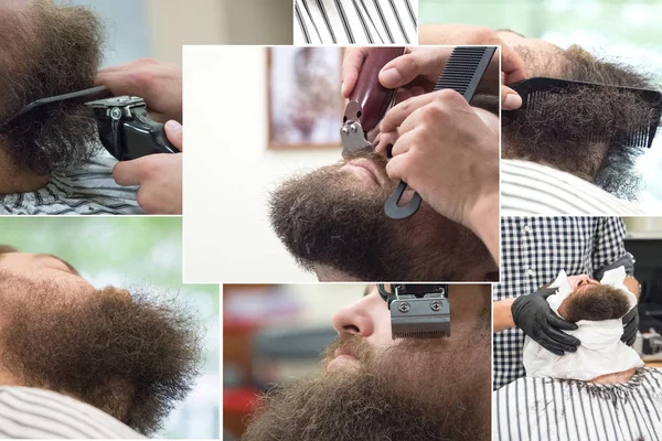 Collage mostrando la barba de recorte con tijeras en una peluquería. De cerca. — Foto de Stock