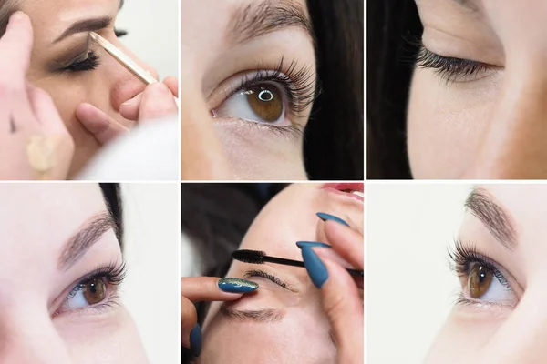 Collage showing the eyelash coloring in beauty salon. Beauty concept