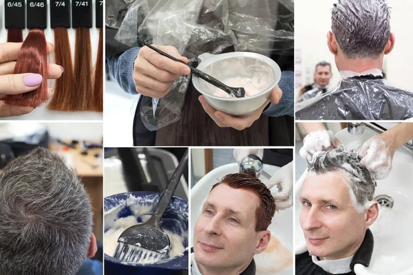 Färbung grauer Haare Collage. Collage mit Phasen der Haarfärbung im Schönheitssalon — Stockfoto