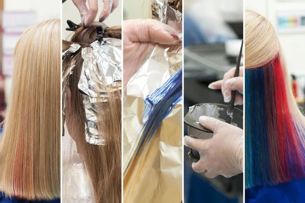 Collage de tinción de color del cabello de la mujer . —  Fotos de Stock