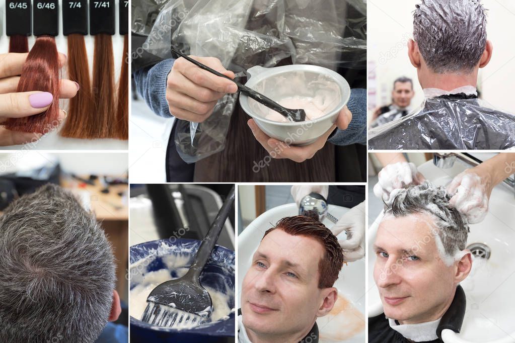 Coloring gray hair collage. Collage showing phases of hair coloring in the beauty salon