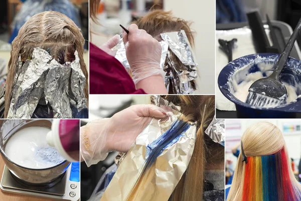 Collage de tinción de color del cabello de la mujer . —  Fotos de Stock