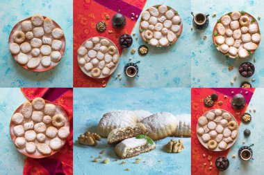 Arapça kurabiye Maamioul ile kolaj. Ramazan tatlılar arka plan. El Fitr Islam Bayramı çerezleri