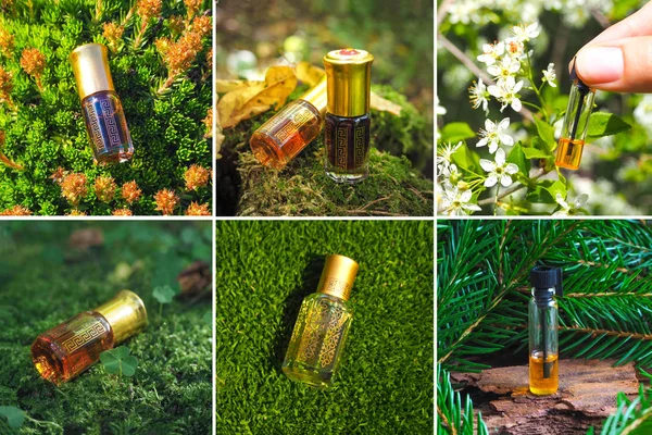 ミニボトルのアラビアウードアタール香水や寒天の油の香りの異なる写真からのコラージュ — ストック写真