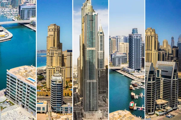 Collage de diferentes fotos de hermosas vistas rascacielos en Dubai — Foto de Stock