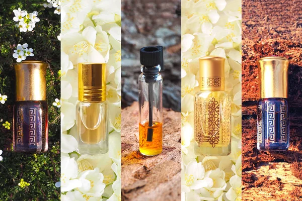 Collage de diferentes imágenes de perfume concentrado en una mini botella — Foto de Stock