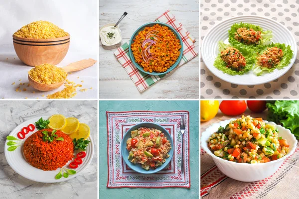 Collage of world cuisine with bulgur dishes.