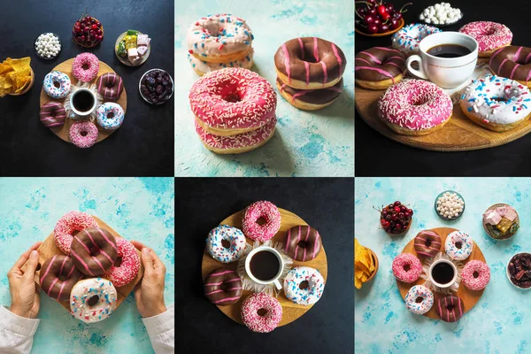 Collage mostrando de coloridos donuts dulces . — Foto de Stock