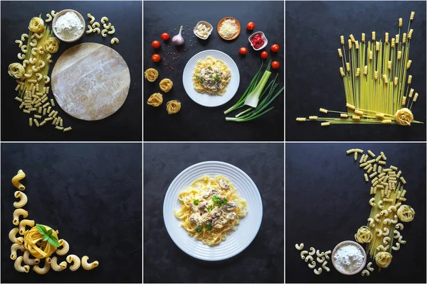 Food collage with a variety pasta dishes on a black background